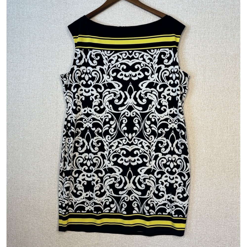 Jessica Howard Size 14 Dress Black White Yellow Damask Scroll Sleeveless Shift